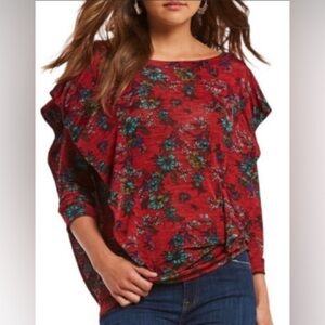 Free People Dock Street Red Floral‎ Ruffle Stretch Top Small